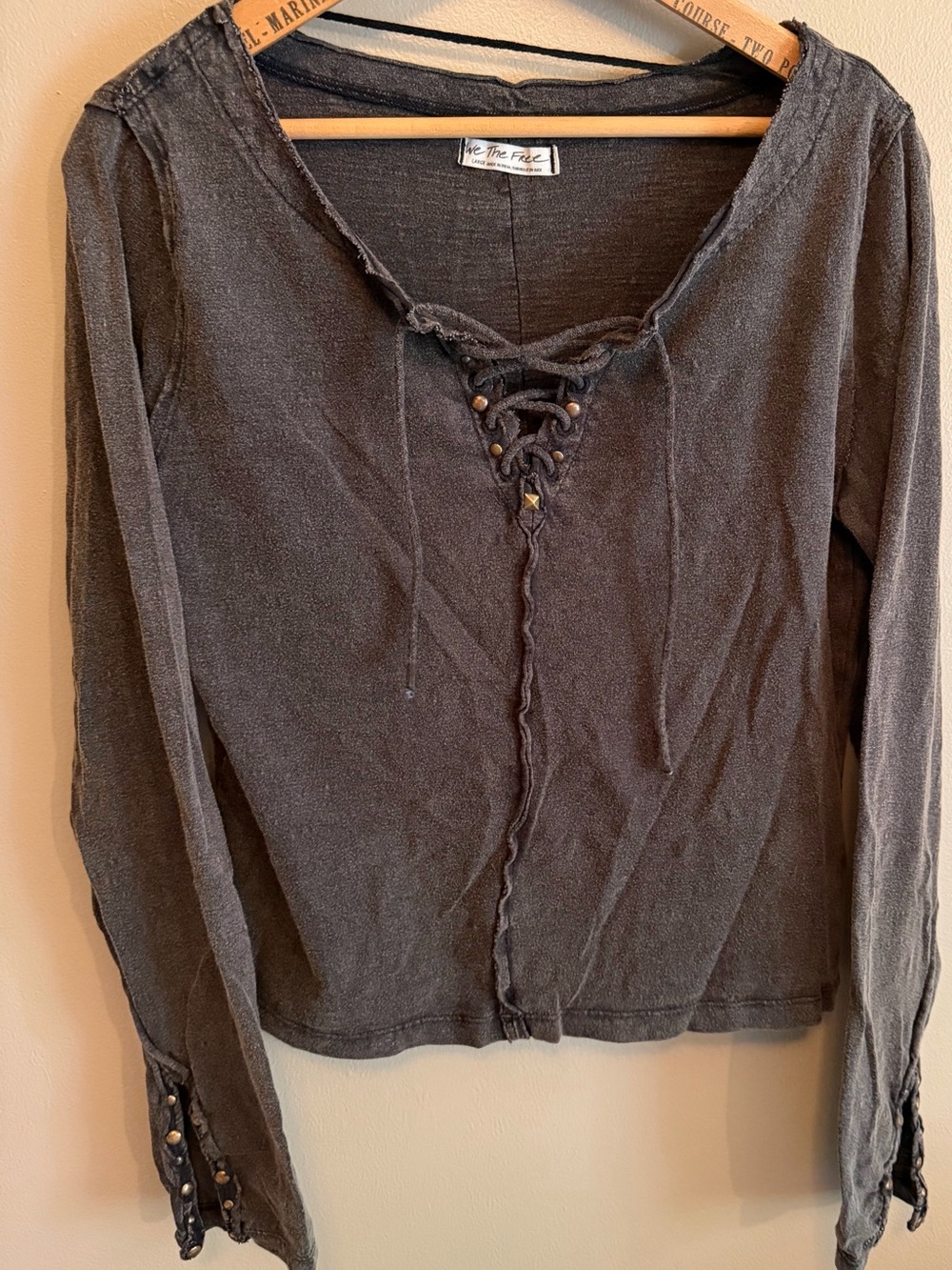 We The Free Lace-Up Long Sleeve Top in Charcoal Gray Free People Adorable L
